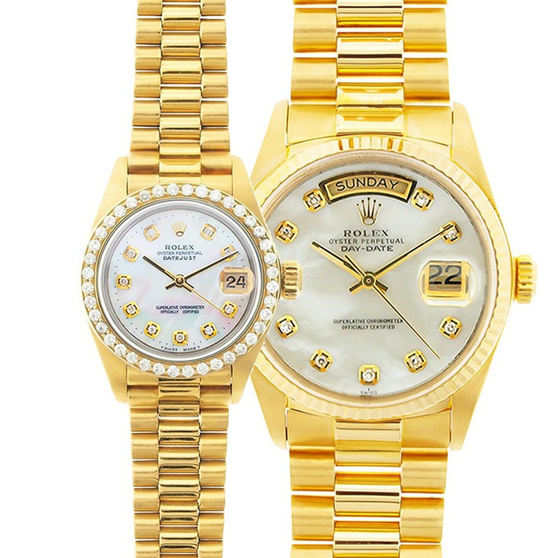 Rolex President Watches His & Hers 18K Mother Of Pearl Custom Set Diamonds