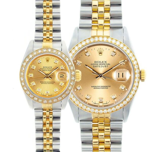Rolex Datejust Watches His & Hers Stainless 18k Champagne Custom Set Diamonds Models