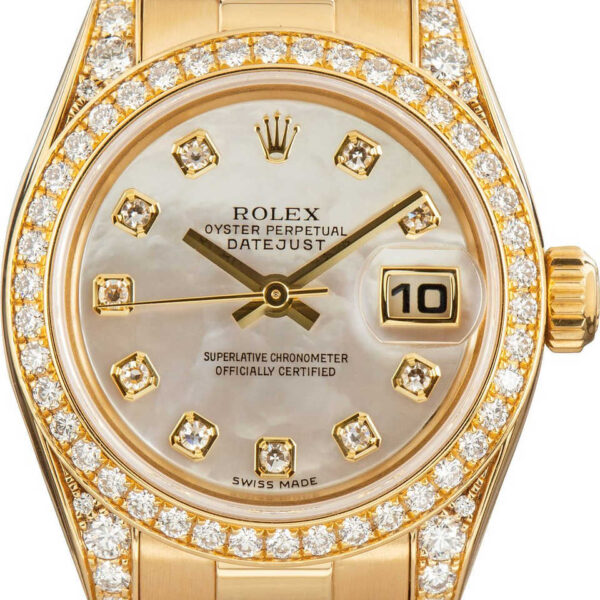 18k yellow gold Rolex Datejust 31mm midsize watch with mother of pearl diamond dial and diamond bezel